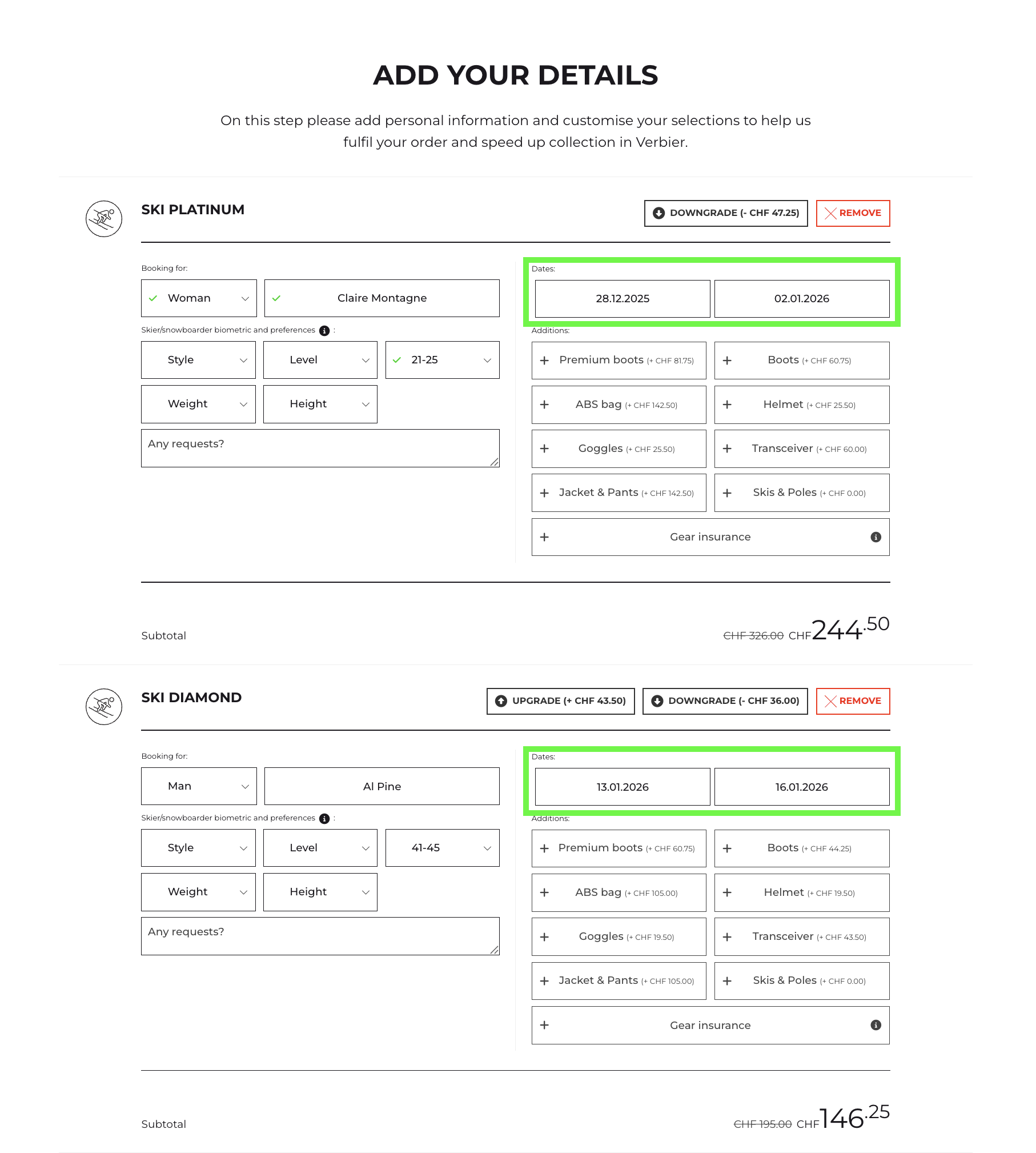 How to book different items for different dates – Ski Service Verbier Booking different ski rental items for different dates on the Ski Service Verbier website